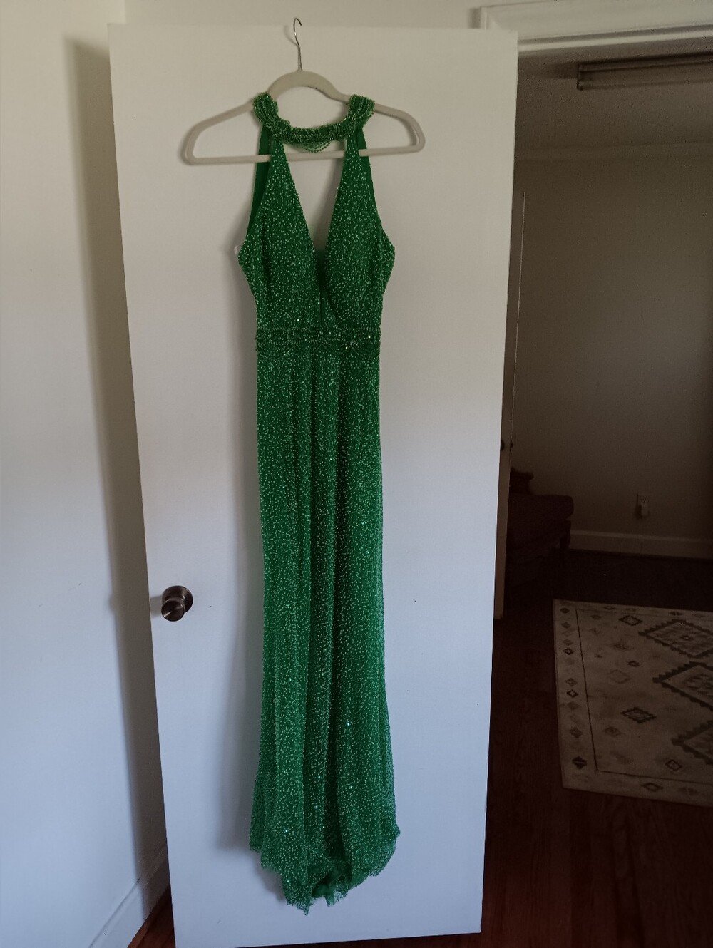Rachel Allen Green Beaded Halter Evening Prom/pageant Dress Size 4 BEAUTIFUL